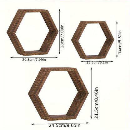 Hexagonal Floating Wall Shelf Set 3 Small Medium Large Driftwood