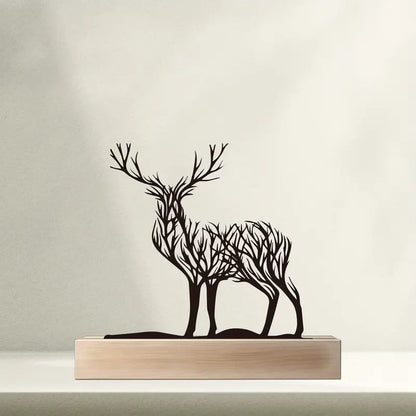 Metal Deer Figurine Wooden Base Table Decoration 15cm
