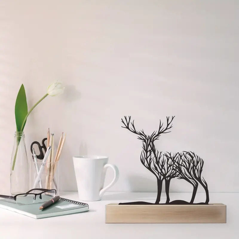 Metal Deer Figurine Wooden Base Table Decoration 15cm
