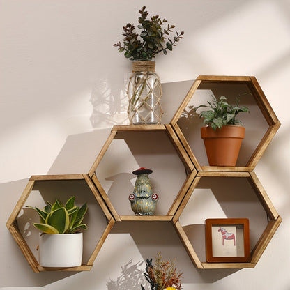 Hexagonal Floating Wall Shelf Set 3 Small Medium Large Driftwood