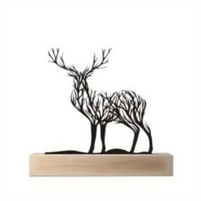 Metal Deer Figurine Wooden Base Table Decoration 15cm
