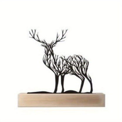 Metal Deer Figurine Wooden Base Table Decoration 15cm