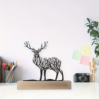 Metal Deer Figurine Wooden Base Table Decoration 15cm