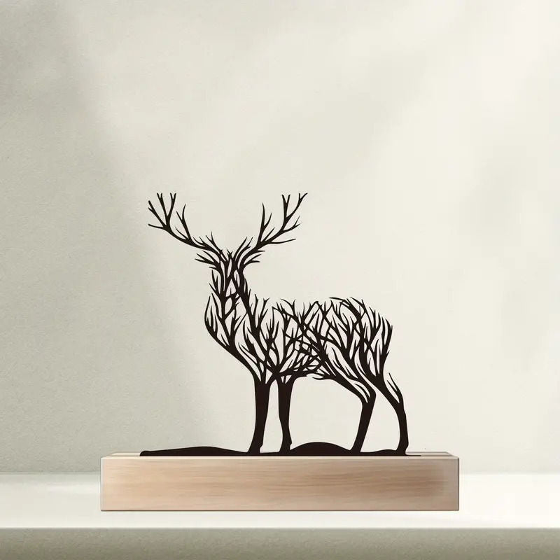Metal Deer Figurine Wooden Base Table Decoration 15cm